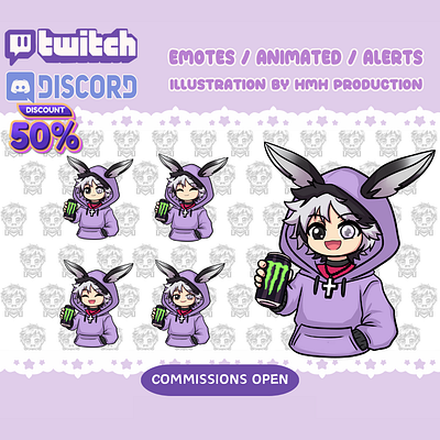 custom png tuber alerts boy cartoon chibi discord emoji emotes gaming hoodie kickstater monster energy panel png png tuber purple rabbit stickers streaming twitch vtuber