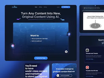 Cradle - AI content creation website ai content ai generation ai writing tool automation blog content creation creative landing page marketing automation marketing tools motion design post social media content ui ui design user interface ux design uxui web development web ui