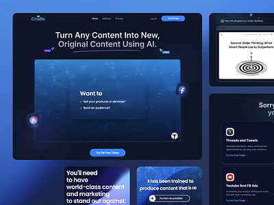 Cradle AI: Content Creation Website ai ai generation ai writing tool blog content creation content generation creative design illustration landing page marketing automation marketing tools post social media content ui ui design ux design uxui web development web ui