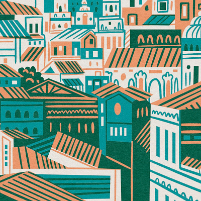 Catania 2d buildings catania cityscape colorful digital painting europe funky illustration italy landscape mary blair mediterranean pattern retro rooftops sicily stylized tile vintage