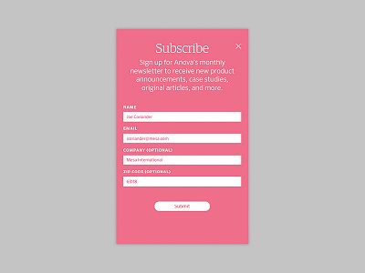 Anova subscription card card email newsletter signup form mobile first typography ux wireframes