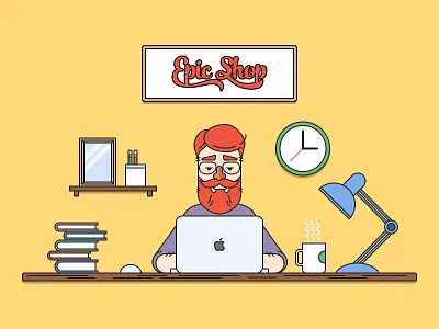 Man at work apple clock coffee desk illustration lamp laptop logo macbook mouse office workspace