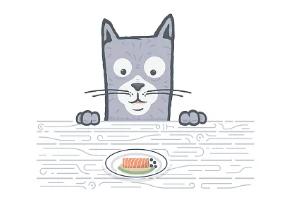 Cat cat diner food hungry illustration line salmon table wood