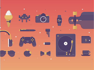 Hipster Kit apple flat gamepad headset ice cream illustrations longboard photocamera space invader turntable vector watch