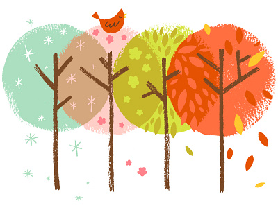 Four Seasons Forest bird colorful fall illustration rainbow seasons spring summer trees winter