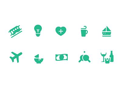 Perks boat coffee drinks heart iconography illustrator lightbulb money ping pong plane trolley vector