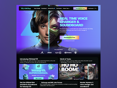 VU VOICEup: Real-Time Voice Converter audio effects design gaming gaming tools intuitive design landing page real time software soundboard streaming streaming tools ui ui design ux ux design uxui voice changer voice modulator web ui web ux