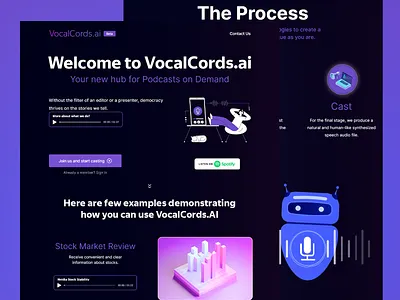 VocalCords.ai - Podcasts Platform ai audio editing audio tools dark theme editing interface design landing page modern design podcast creation podcast hosting podcast platform podcast tools software user experience ux design uxui vibrant layout web design web ui web ux
