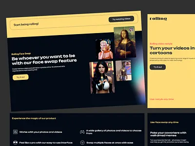 Faceswap website landing page ai creative tools dark theme design face rolling face swap interface design landing page meme generator photo editing responsive layout software swap feature ui design user friendly ux design video editing video effects website