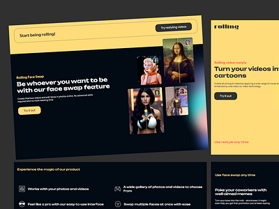 Rolling Face Swap Website Design ai creative tools dark theme design face swap interface design landing page meme generator photo editing responsive layout software swap feature ui ui design user friendly ux ux design uxui video editing video effects
