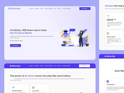 AI Content Writing Website Design ai writing automation tool blog generation clean layout content creation copywriting tool digital content illustrated design interactive ux marketing copy modern interface professional ui purple aesthetic structured ui text automation ui design ux design ux ui web platform writing assistant