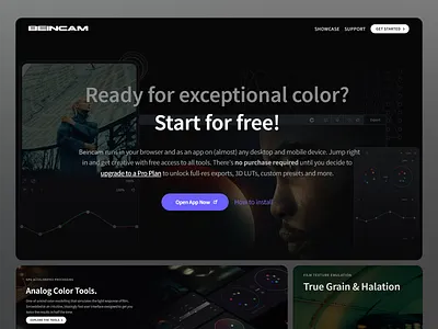 Beincam Color Grading Software analog browser color correction color grading color grading tools color tools dark theme design landing page photo editing photo editing software ui ui design ux ux design uxui video editing video editing software web ui web ux