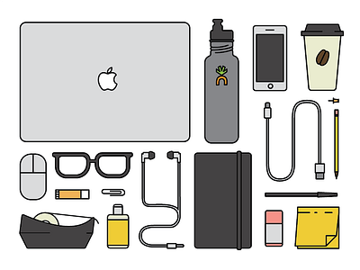 Things On My Desk (colored) carrot creative coffee flat illustration headphones laptop line art moleskin office supplies water bottle