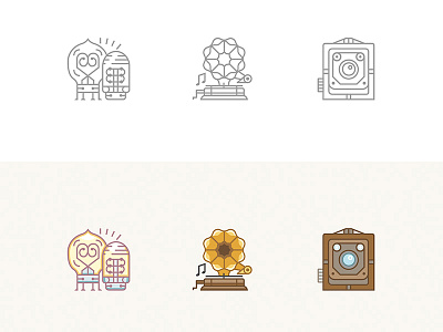 Icons of vintage stuff brownie camera gramophone icon outlines vacuum tube vector vintage web