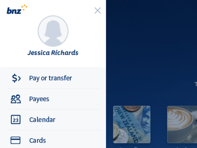 Side menu with profile placeholder app bank invisionapp menu panel profile web