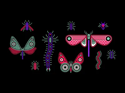 Bugs bug butterfly fluo illustration insect neon night vector