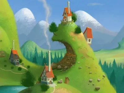 Mountain Village cabin lake mountains rocks smoke