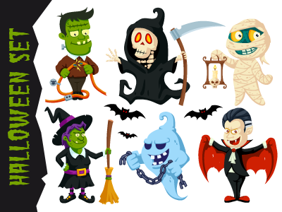 Halloween Flat Cartoon Characters Set cartoon character cute dracula flat ghost halloween mascot set vampire vector witch