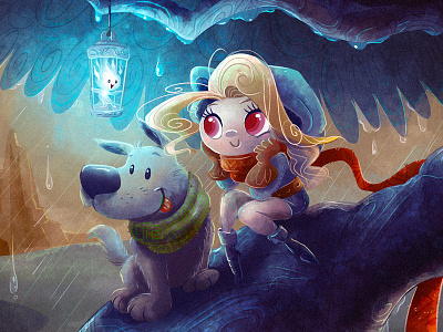 Waiting In The Rain adventure cartoon character children book cute dog drawing fantasy girl illustration kidlitart rain