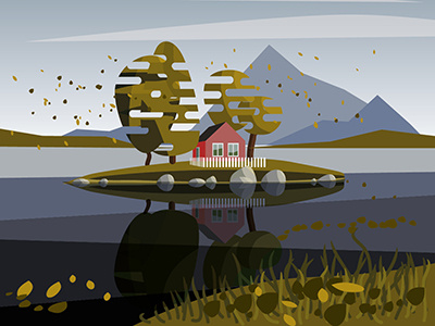 House autumn building countryside flat graphic lake landscape mountain nature tree vector water