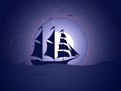 Sailing ship at night dark illustration moon ocean romantic sail ship violet