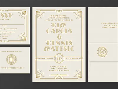 Kim & Dennis Invite art deco gold foil lettepress wedding invite