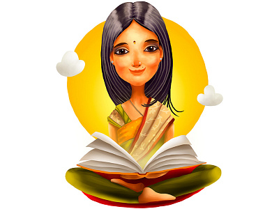 Indian woman in meditation asana book happy illustration india knowledge love smile sutra woman yoga
