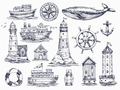 Nautical engraving illustration ink lighthouse nautical sailor sea stock vector whale xara