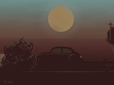 Evening Scene buildings car cat evening illustration moon night sea seattle sun tree vector