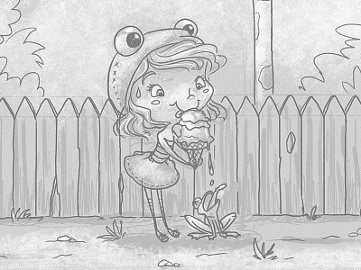 Summer Delight (Sketch) cartoon character children book drawing frog girl hot ice cream illustration kidlitart sketch summer