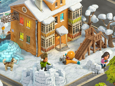 Winter house isometrics playing snowballs slide snow winter yard