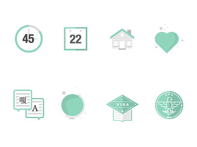Icons for CCAP calendar clock globe heart house icons language seal visa