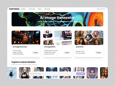 AI Image Generator Website ai image generator ai portrait generator background removal creative tools design illustration image editing image editor landing page text to image ui ui design ui ux ux ux design uxui web web design website white mode