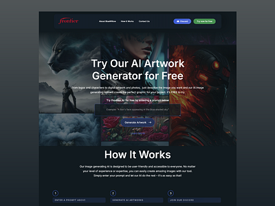 Frontier AI Landing Page Design ai ai artwork ai image generator ai tools art generation art generator creative design digital art image creation intuitive navigation landing page software ui design user friendly design user experience uxui web design web ui web ux