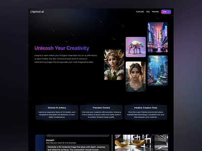 Sprout AI: Unleash Your Imagination ai ai generator animation art generation creative tools creativity dark theme design digital art futuristic design illustration image generation platform ui ui design ux ux design uxui visuals web ui