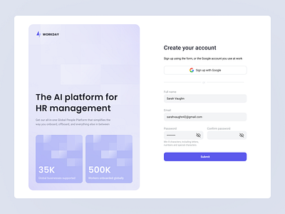 AI platform for HR management - Register Page b2b form graphic design hr log in login loginpage register signup ui web web app
