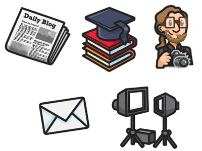 Icons for a photographer's portfolio books cartoon icons learning newspaper photographer studio lightings