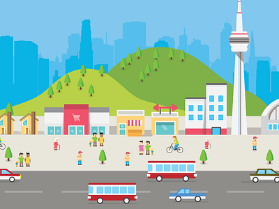 Cityscape illustration building cars character cn tower colorful flat illustration minimal people toronto traffic