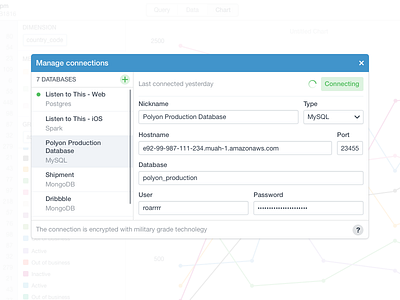 Manage connections connecting databases green modal web app white