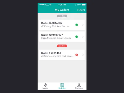 My Orders app clean delivery filter flar food history ios orders ui ux