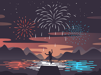 Fourth of July fireworks flat fourth of july illustration independence day lake reflection