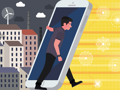 Entering the Digital Age - Crop age colour digital illustration landscape phone tech technology urban