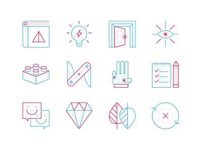 BBG icons — yay! book diamond door eye hand icons illustration leaf lego lightbulb social tools