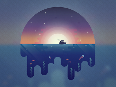 More than meets the eye boat fish gradient illustration illustrator jellyfish ocean sea seaweed sun sunset vector