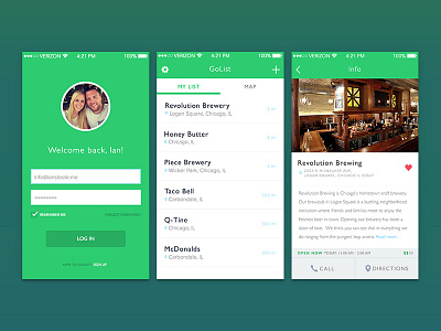 GoList app food list login profile restaurant to do ui