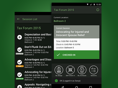 Sessions App android business card check in dark list location material schedule session status time
