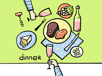 dinner cheese fork glasses grapes knife lentils mashed potatoes meat napkin wine