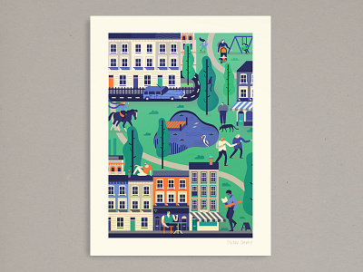 New Print - Borough buildings car neighbourhood people print trees