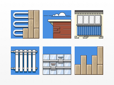 One more icon set balcony building floor icons insulation pipe radiator roof thermal