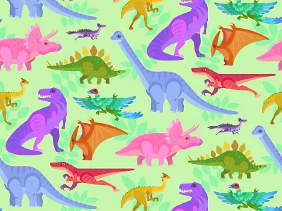Dinos! colorful design dinosaur illustration pattern raptor stegosaurus trex triceratops vector